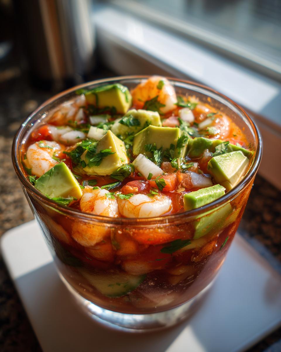 Close-up of a glass filled with vibrant mexican shrimp cocktail, topped with avocado chunks and cilantro.