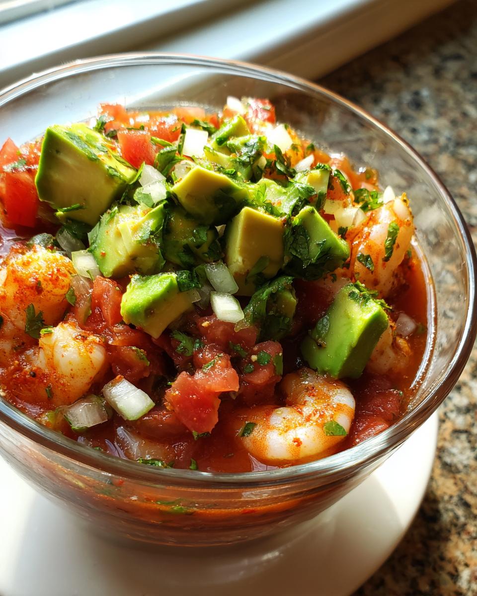 Close-up of a glass bowl filled with vibrant mexican shrimp cocktail, topped with diced avocado, onion, and tomato.