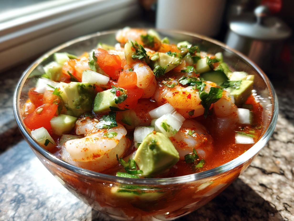 Close-up of a glass bowl filled with vibrant mexican shrimp cocktail, featuring shrimp, avocado, tomato, and onion.