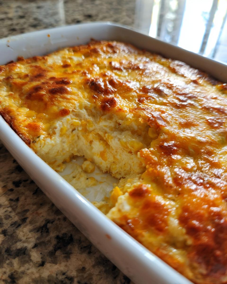 Close-up of a bubbly, golden-brown baked mexican street corn dip in a white rectangular baking dish.