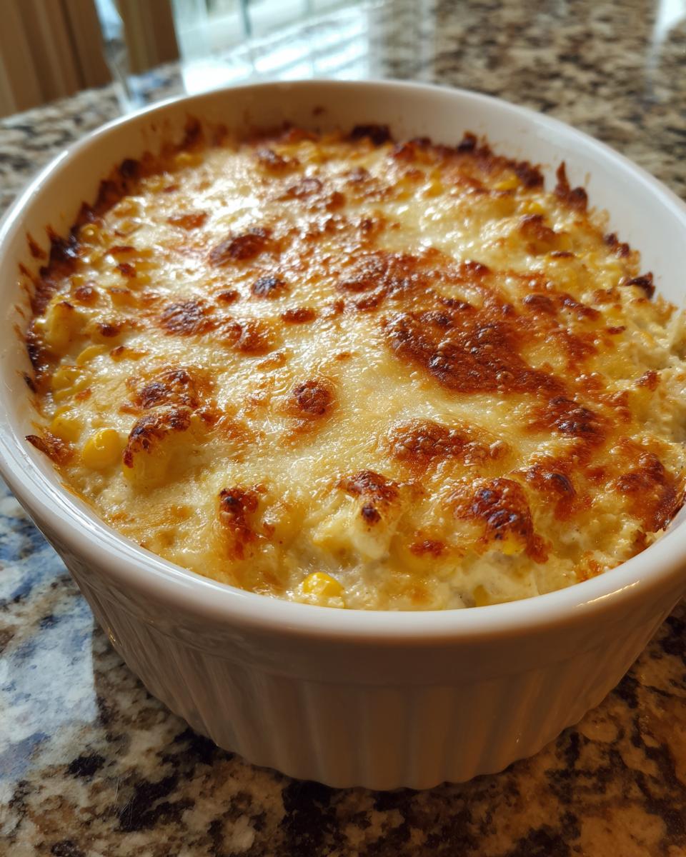 A close-up of hot, bubbly mexican street corn dip topped with golden-brown melted cheese in a white baking dish.