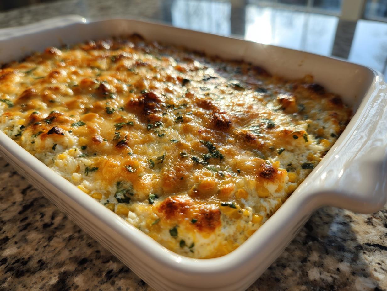 Close-up of hot, bubbly Mexican street corn dip topped with melted, browned cheese and green herbs in a white baking dish.
