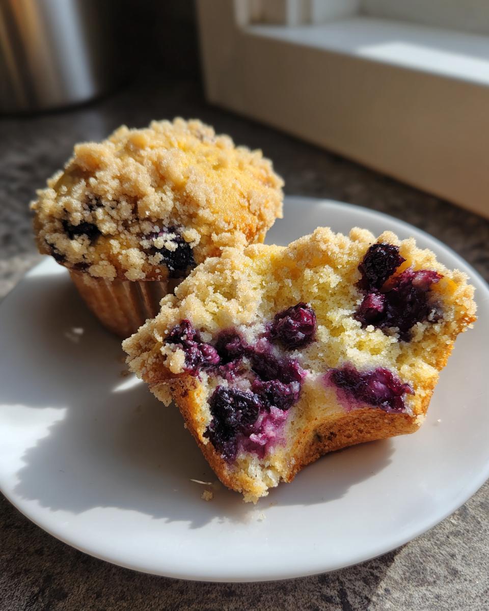 Close-up of a delicious blueberry muffin cut in half showing moist interior and crumb topping.