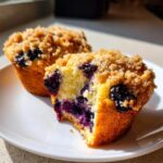 Close-up of a moist blueberry muffin, cut in half to show the rich interior filled with blueberries and topped with streusel.