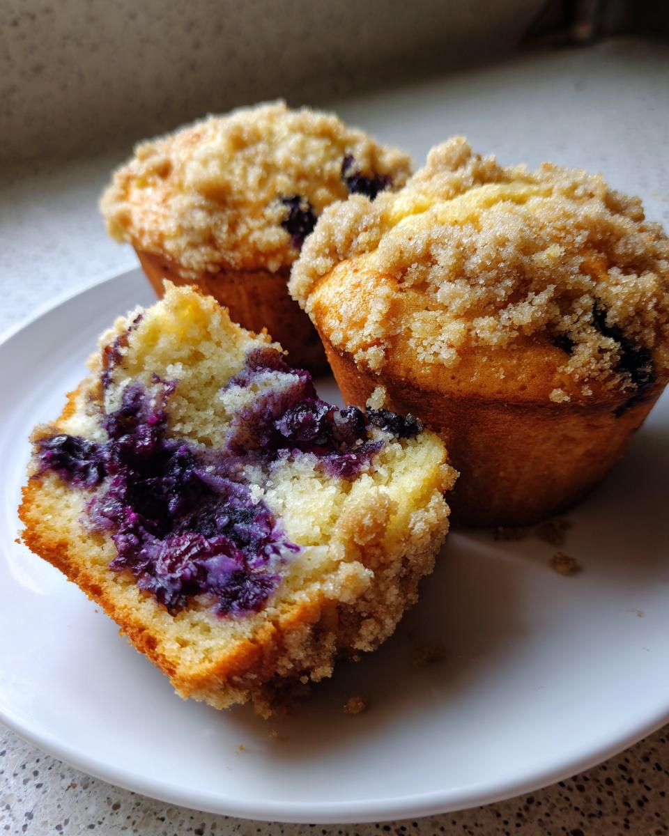 Close-up of a blueberry muffin cut in half showing moist interior and rich blueberries, next to two whole blueberry muffin tops.