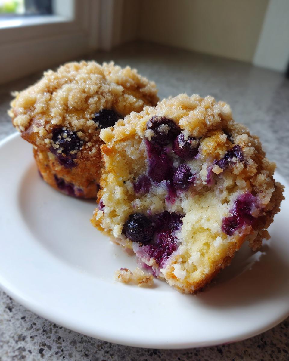 A close-up of a moist blueberry muffin cut in half, showing juicy blueberries and a sugary crumb topping.