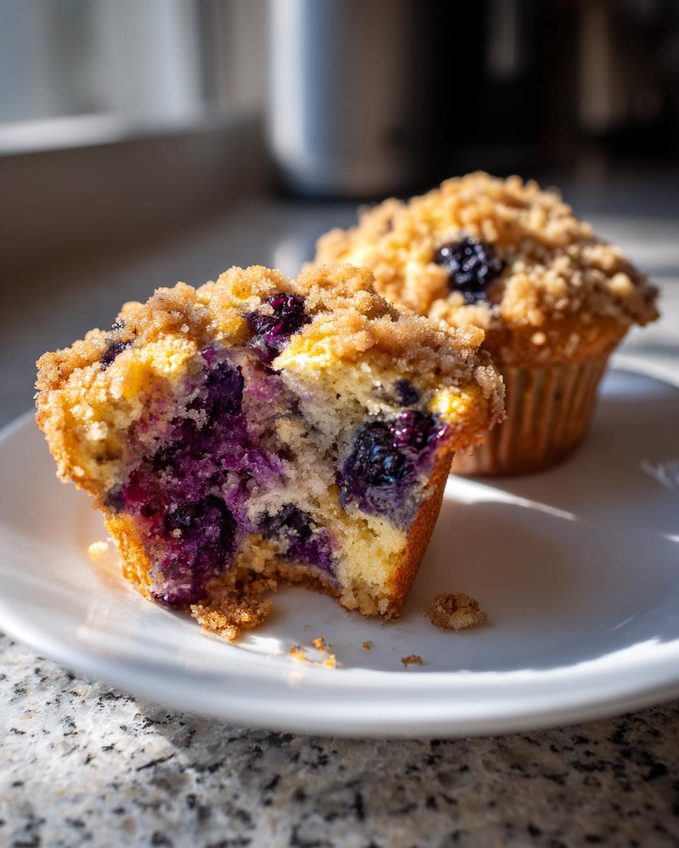 Close-up of a moist blueberry muffin, cut in half showing vibrant purple berries, topped with streusel, sitting on a white plate.