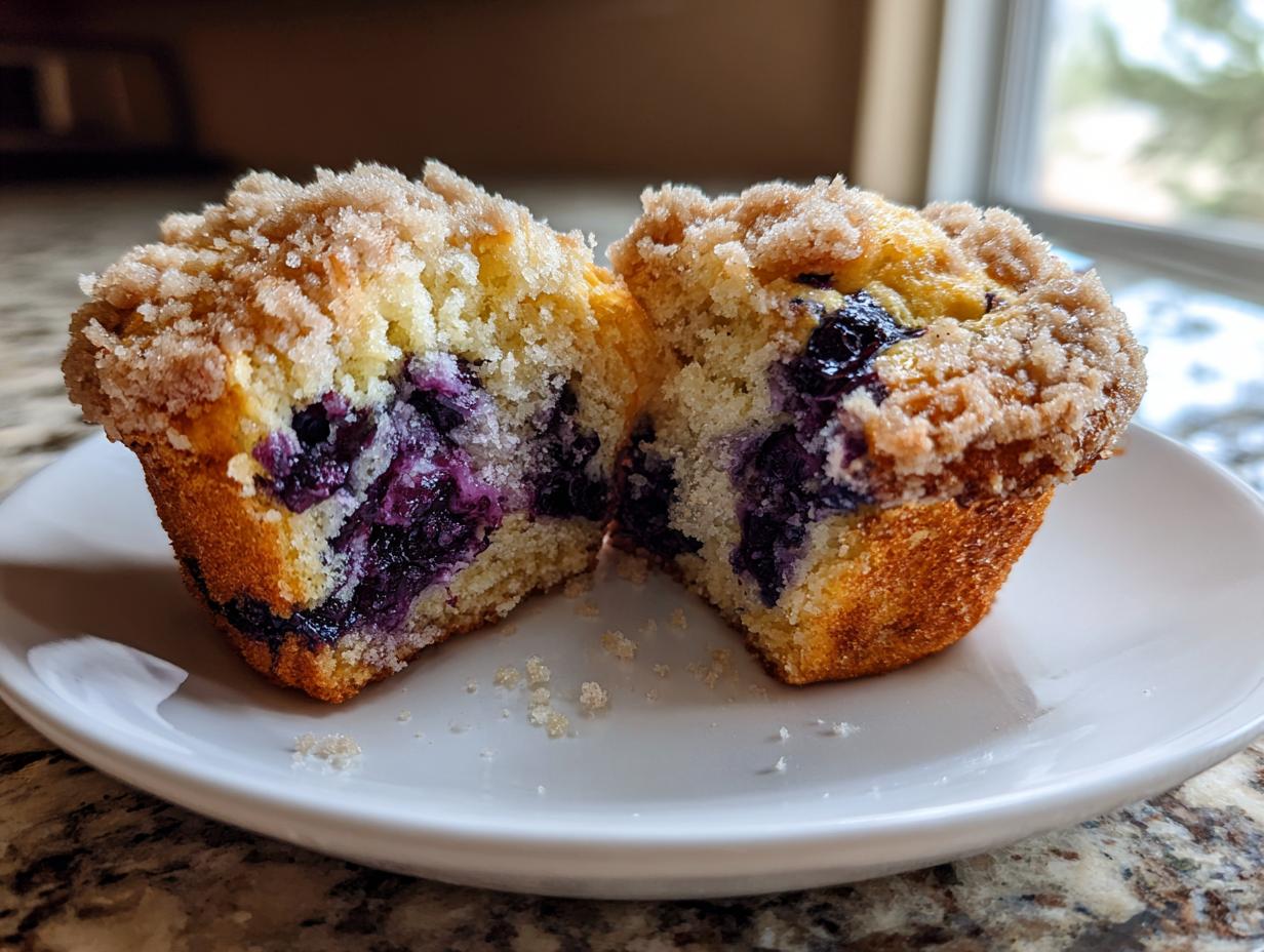 A close-up of a moist blueberry muffin, cut in half, revealing juicy blueberries and a sweet crumb topping.