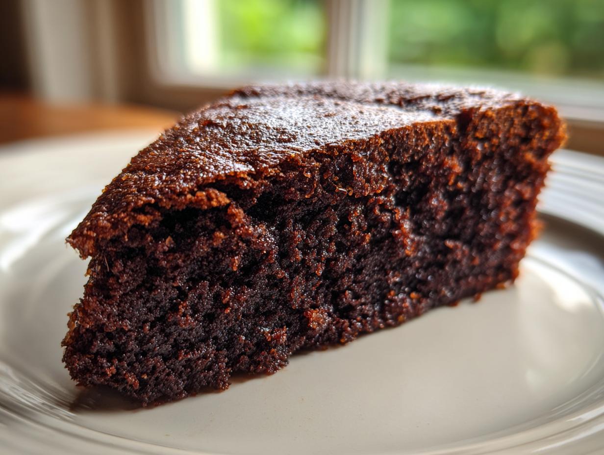 Close-up of a perfectly moist chocolate cake slice showing its rich, dark crumb texture.