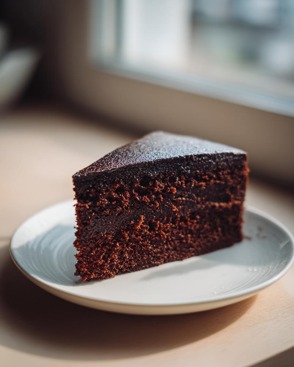 A close-up of a rich, dark slice of moist chocolate cake dusted with powdered sugar on a white plate.