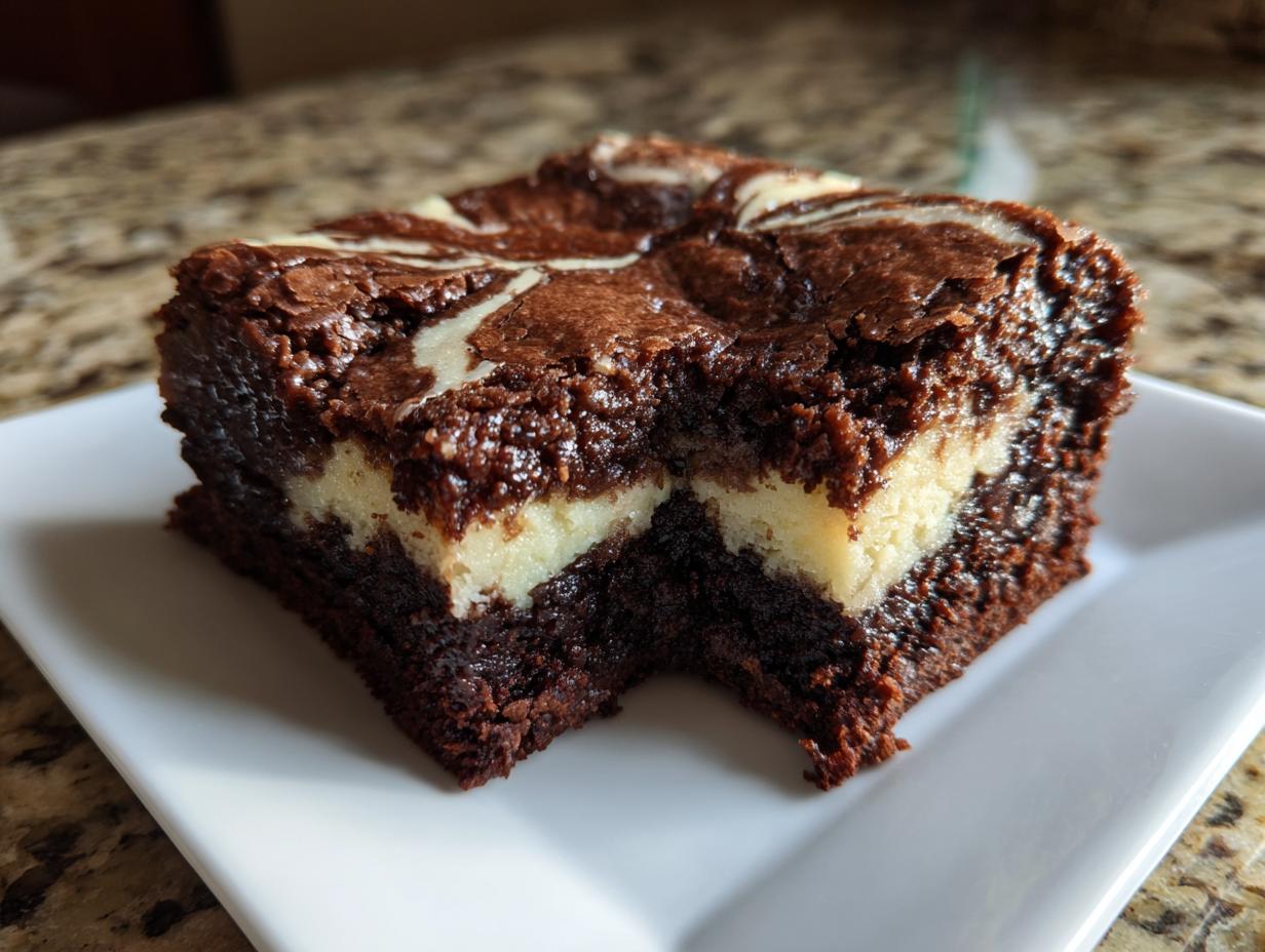 A close-up of a rich, fudgy cream cheese brownies square with a visible cream cheese layer and chocolate swirl top.