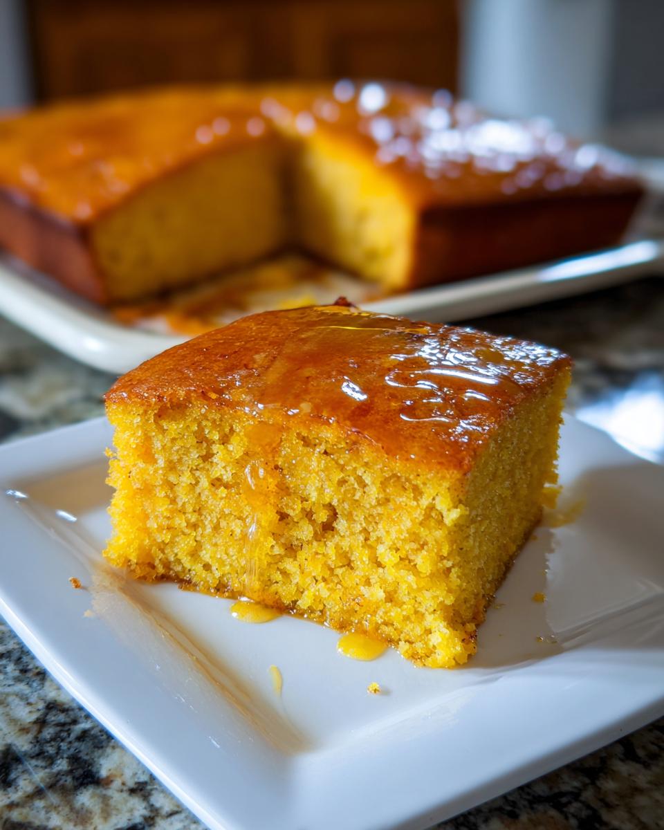 A square slice of moist, orange-hued sweet potato cornbread topped with a shiny honey glaze, served on a white plate.