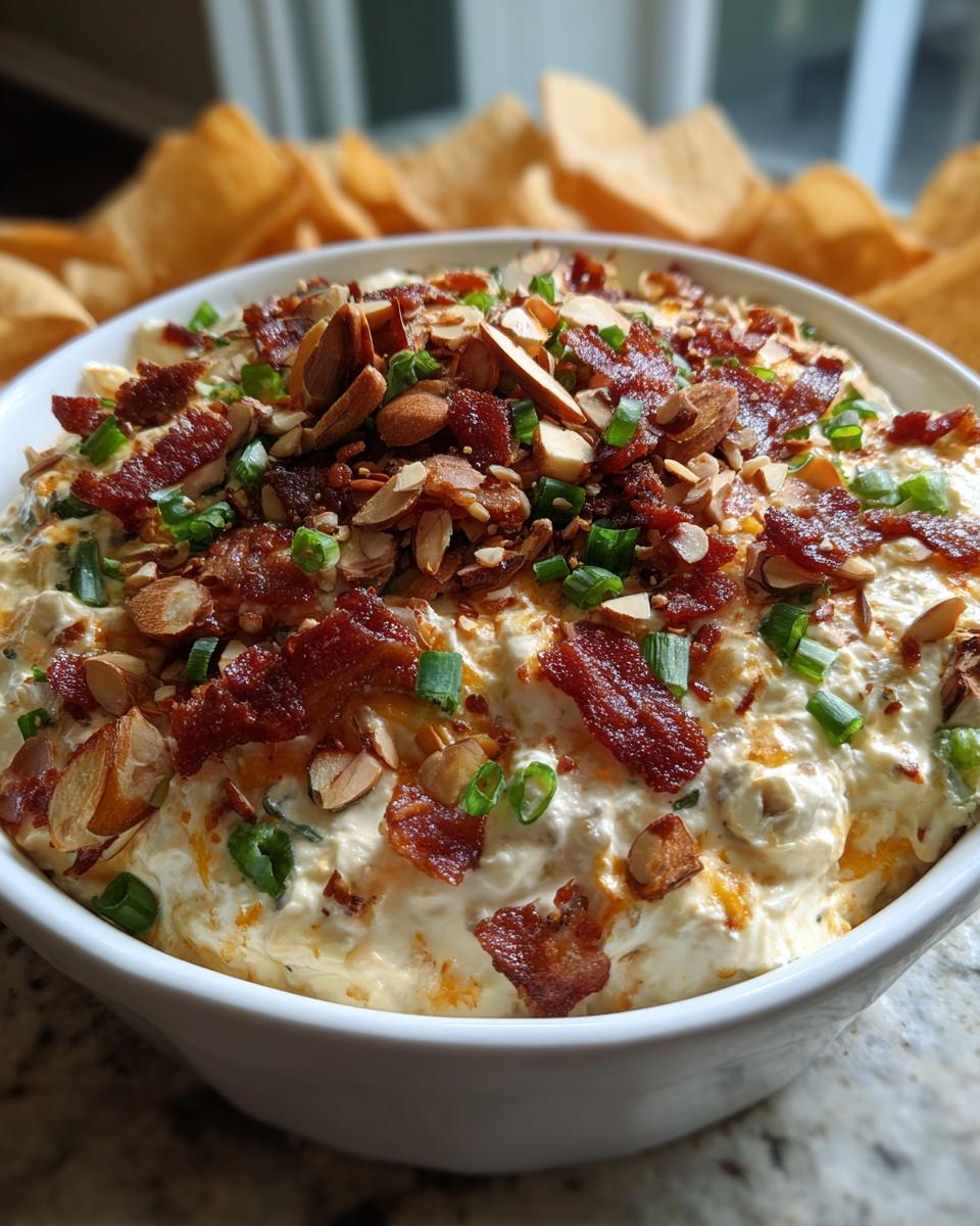 A creamy Neiman Marcus dip served in a white bowl, generously topped with crispy bacon pieces, sliced almonds, and green onions.