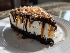 A decadent slice of no-bake Samoa Cheesecake featuring a dark crust, white filling, chocolate drizzle, caramel, and toasted coconut.