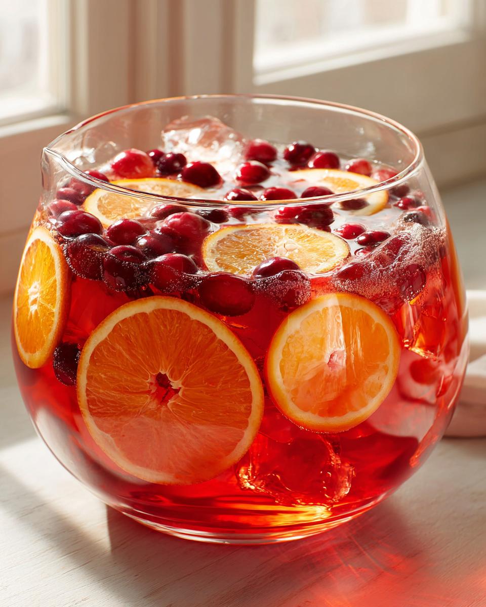 Close-up of a vibrant red non-alcoholic christmas punch garnished with orange slices and cranberries.