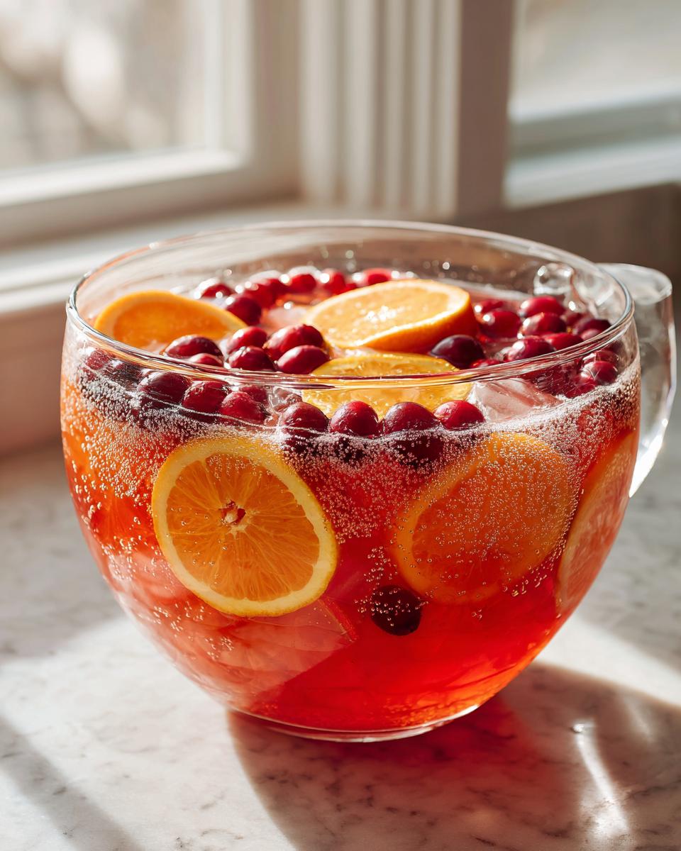 Close-up of a clear glass bowl filled with bubbling non-alcoholic Christmas punch garnished with fresh orange slices and cranberries.