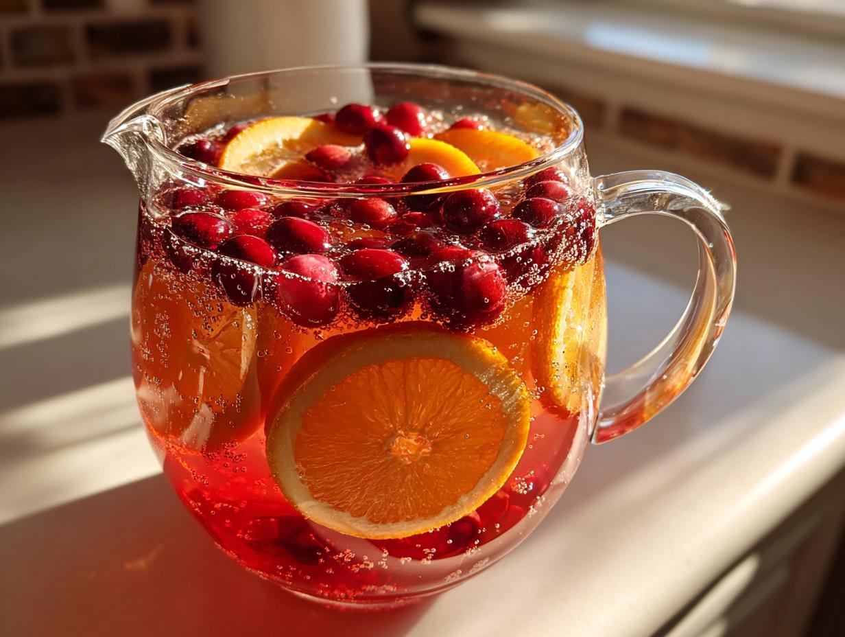 A glass pitcher filled with sparkling non-alcoholic christmas punch, garnished with fresh cranberries and orange slices.