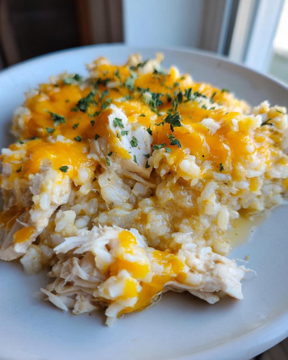Close-up of a serving of creamy chicken and rice topped with melted cheddar cheese and fresh parsley.