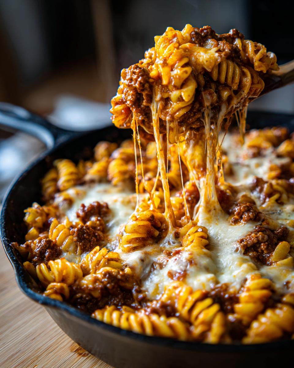 A spoonful of cheesy enchilada pasta being lifted from a cast iron skillet, showing long cheese pulls.