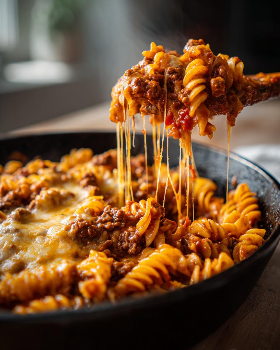 A spoonful of cheesy, saucy enchilada pasta is lifted from a skillet, showing long cheese pulls.