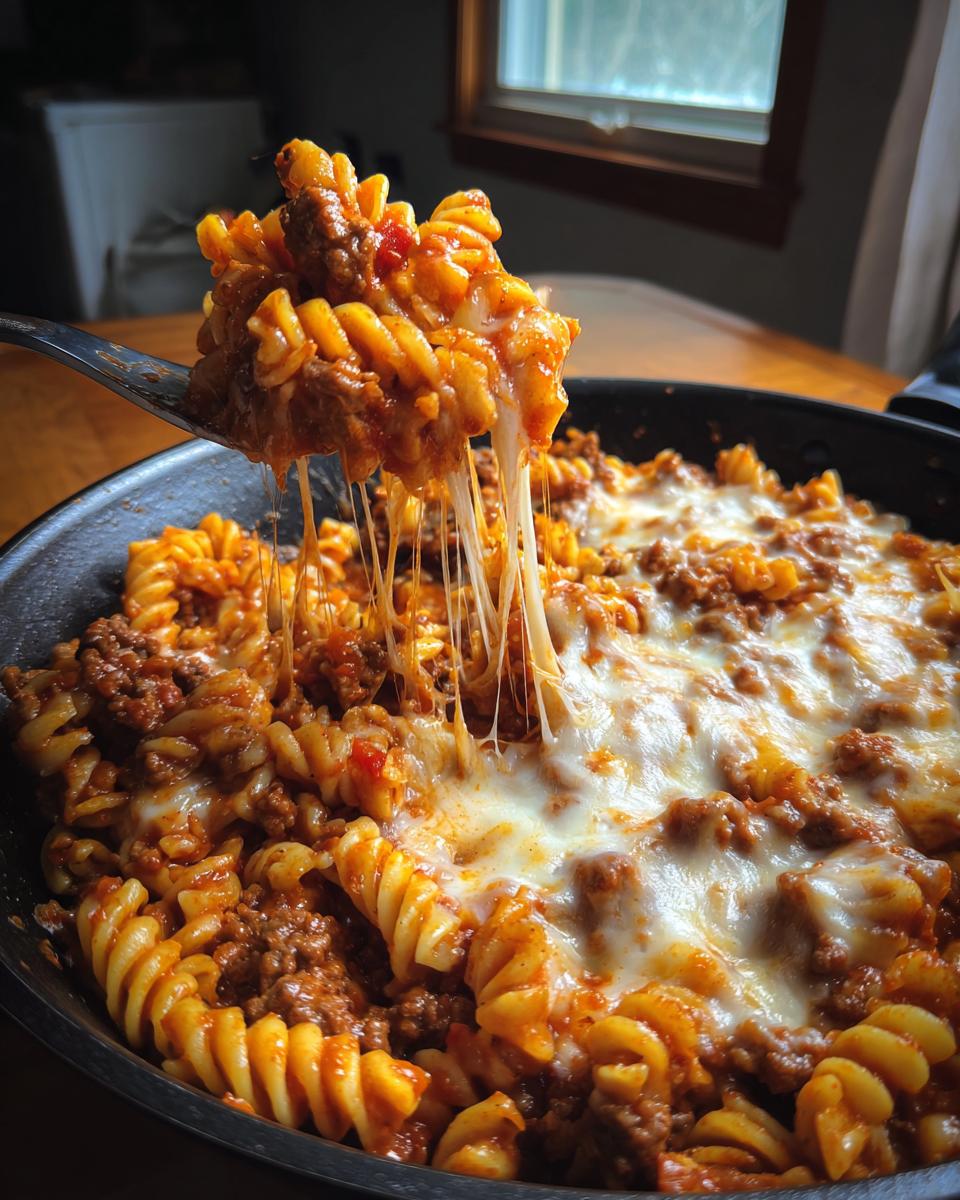 A spoonful of cheesy enchilada pasta is lifted from a skillet, showing long, melted cheese strings.
