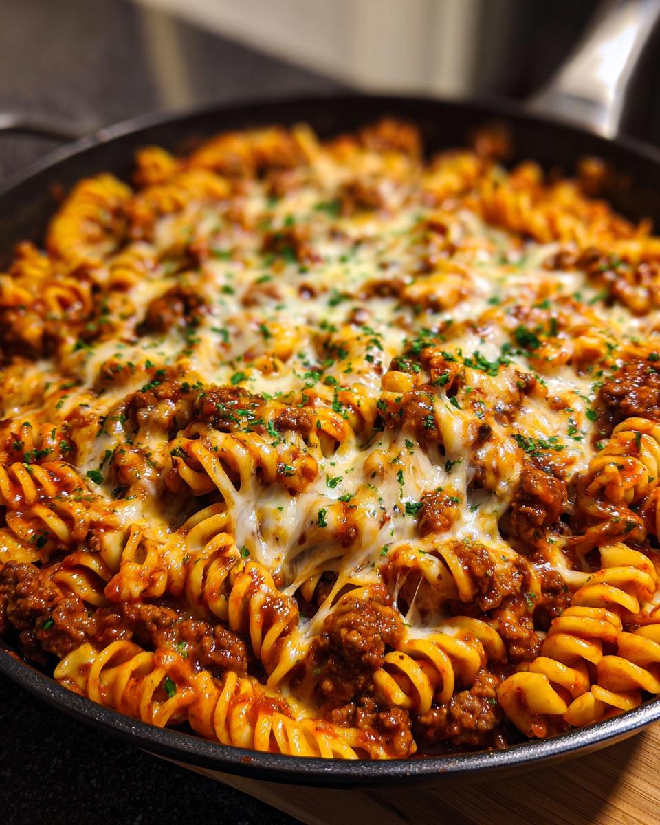 Close-up of cheesy, saucy enchilada pasta made with rotini noodles in a skillet.
