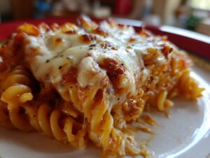 Close-up of a serving of cheesy pizza pasta featuring rotini noodles and melted mozzarella cheese.