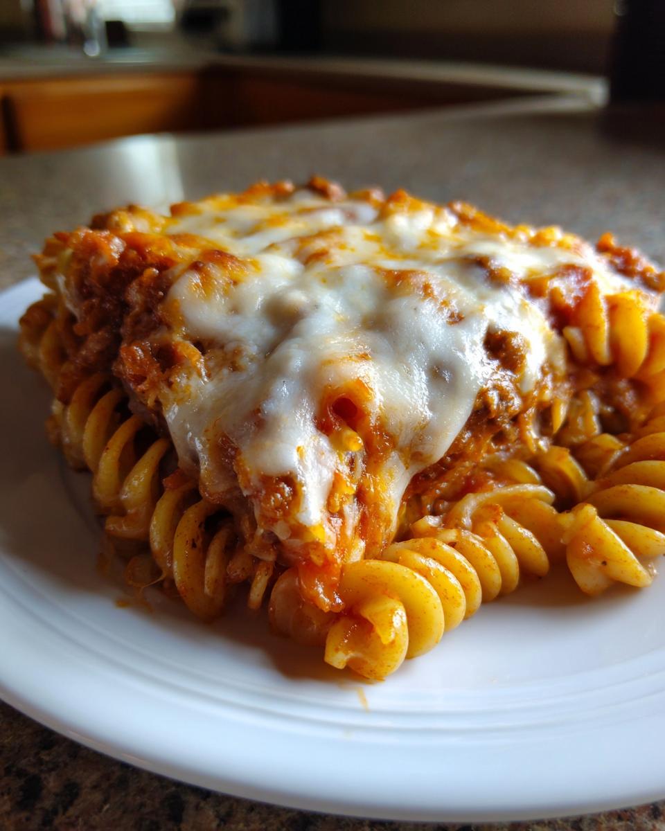 Close-up of a serving of cheesy 1-Pot pizza pasta made with rotini noodles and melted mozzarella.