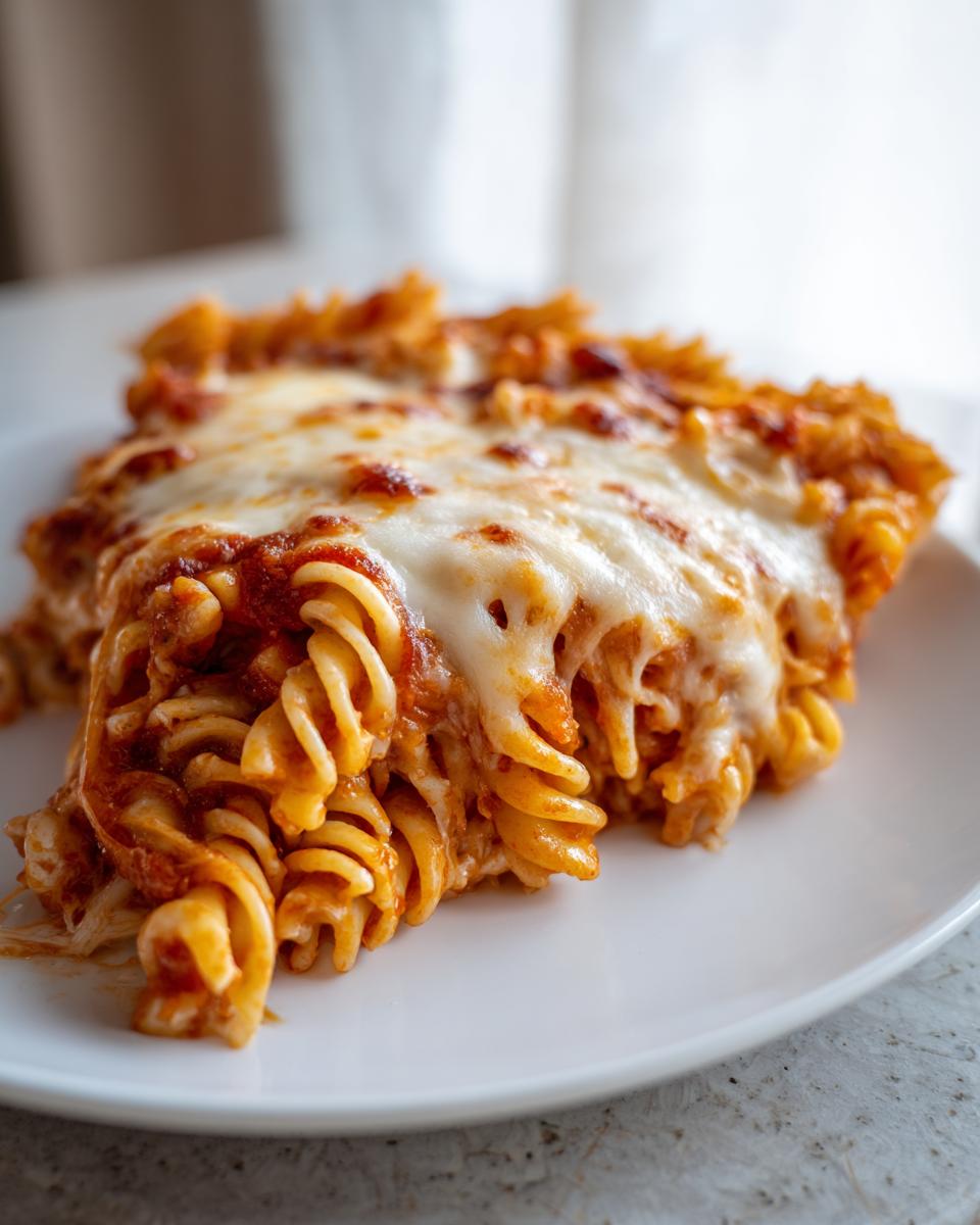 Close-up of a serving of baked pizza pasta with melted mozzarella cheese topping.
