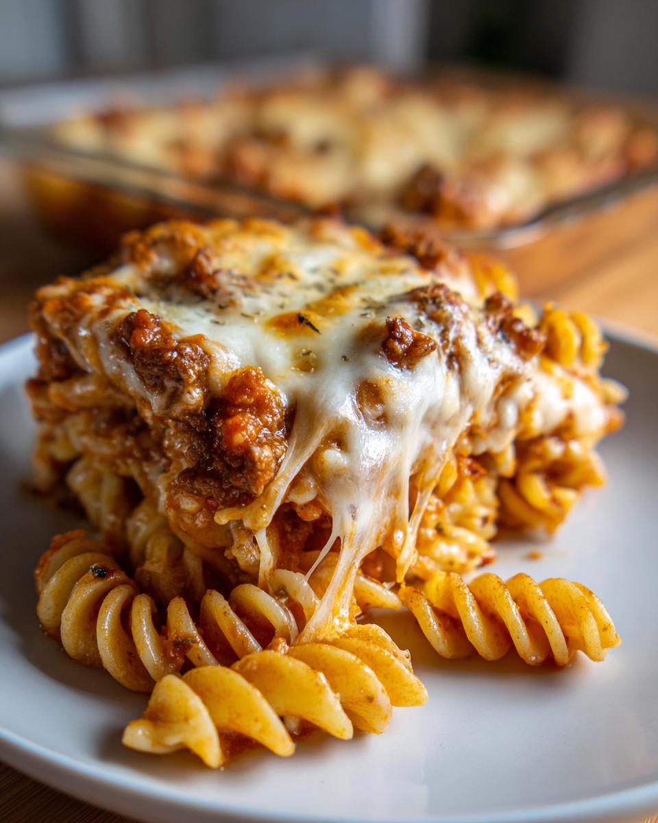 A gooey, cheesy serving of baked pizza pasta featuring rotini noodles and meat sauce.