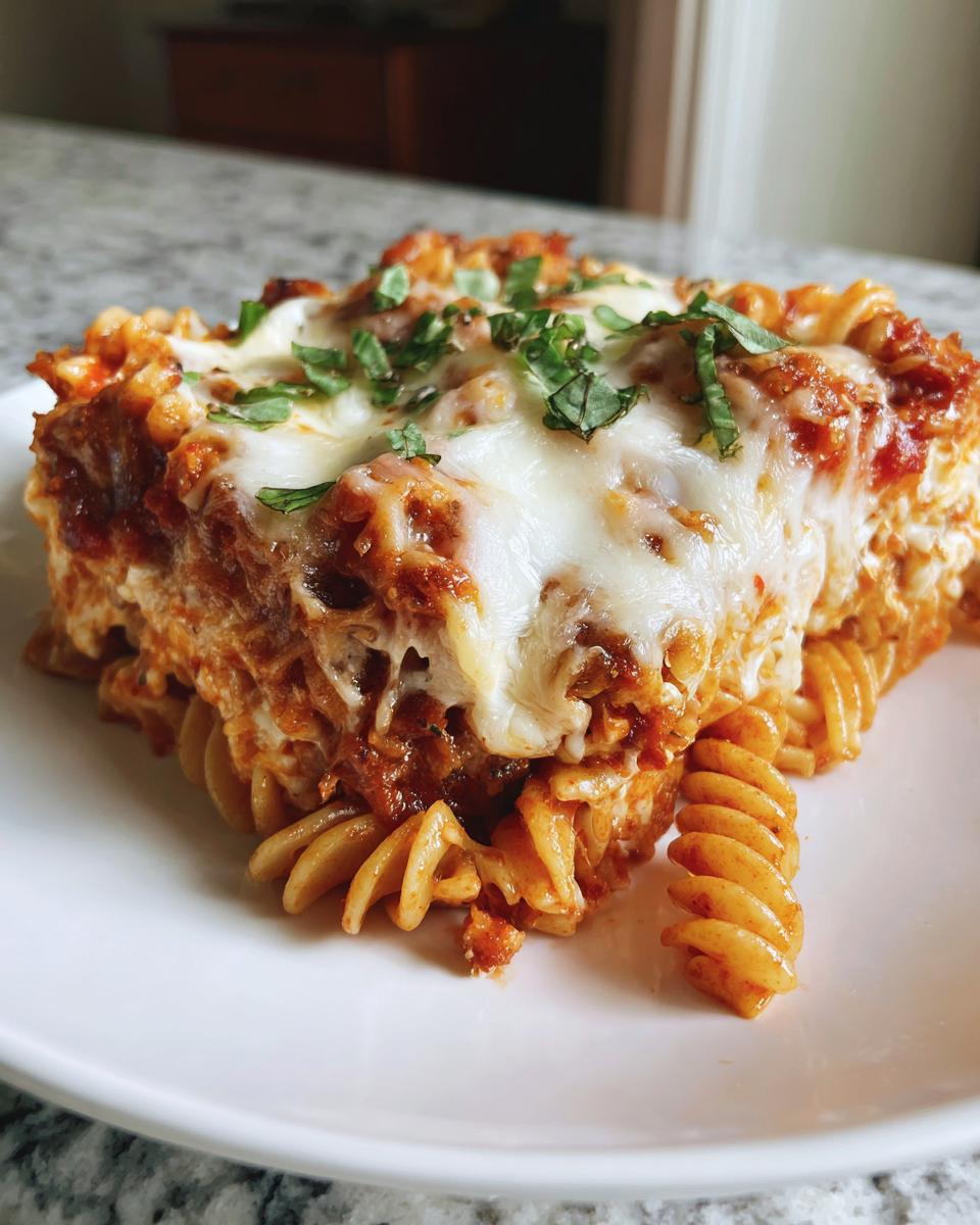 Close-up of a serving of baked pizza pasta made with rotini, topped with melted mozzarella and fresh basil.