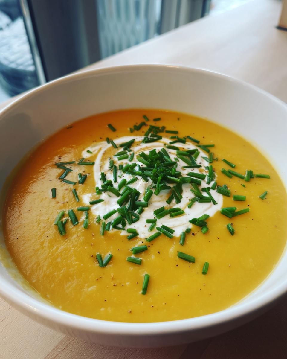 Close-up of a bowl of vibrant orange cheese soup, garnished with a swirl of cream and fresh chopped chives.