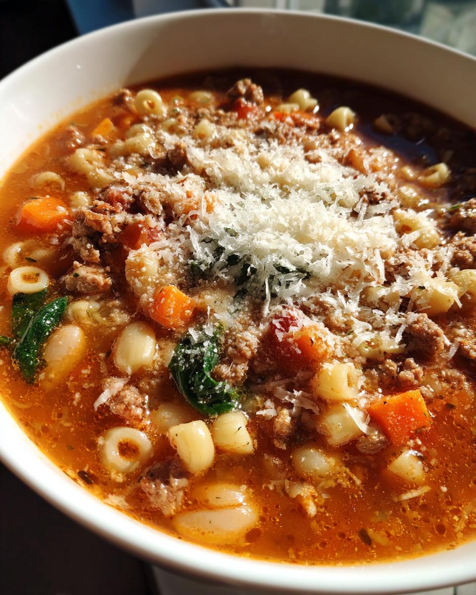 Close-up of a rich bowl of pasta e fagioli soup topped with ground meat, white beans, vegetables, and grated Parmesan cheese.
