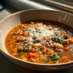 Close-up of a steaming bowl of pasta e fagioli soup, rich with ground meat, beans, and topped with grated Parmesan cheese.