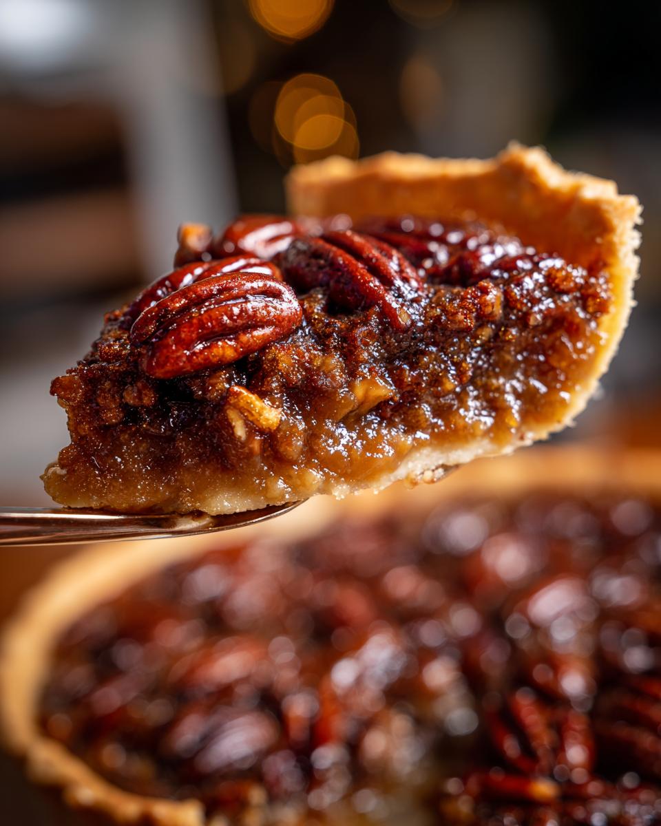 A close-up shot of a gooey slice being lifted from a pecan pie cobbler recipe, topped with glazed pecans.