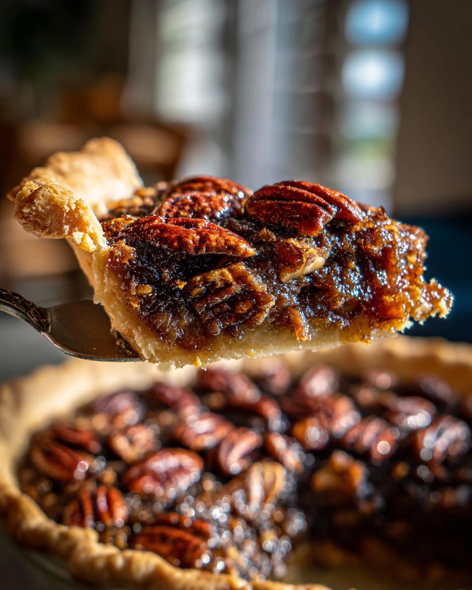 A close-up shot lifting a perfect slice of pecan pie cobbler recipe with a shiny, gooey filling and whole pecans.