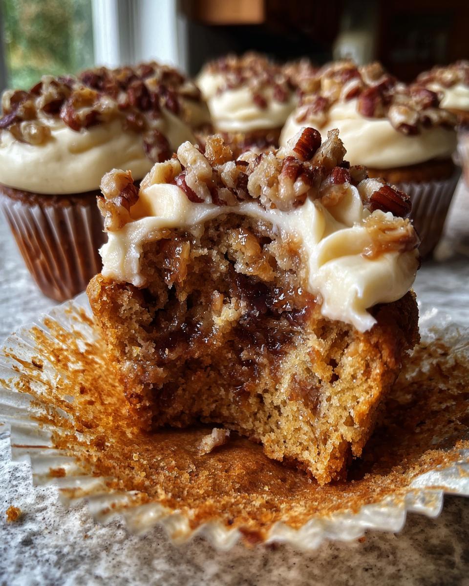 Close-up of a pecan pie cupcake with a bite taken out, revealing the gooey filling and topped with frosting and chopped pecans.
