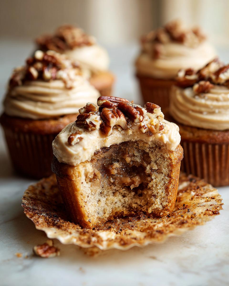 A pecan pie cupcake cut in half showing the gooey filling, topped with pecan frosting and whole pecans.