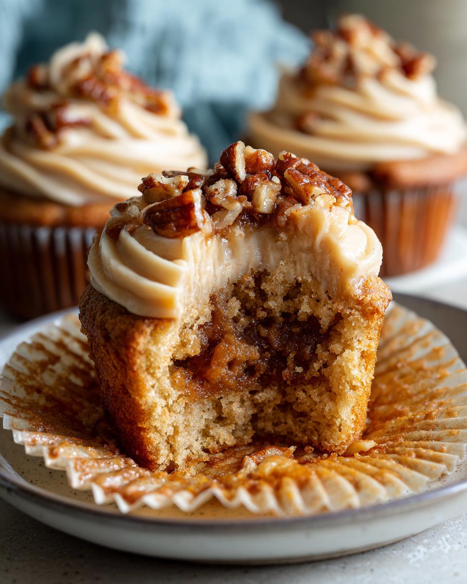 A pecan pie cupcake with a bite taken out, revealing a gooey filling and topped with caramel frosting and chopped pecans.