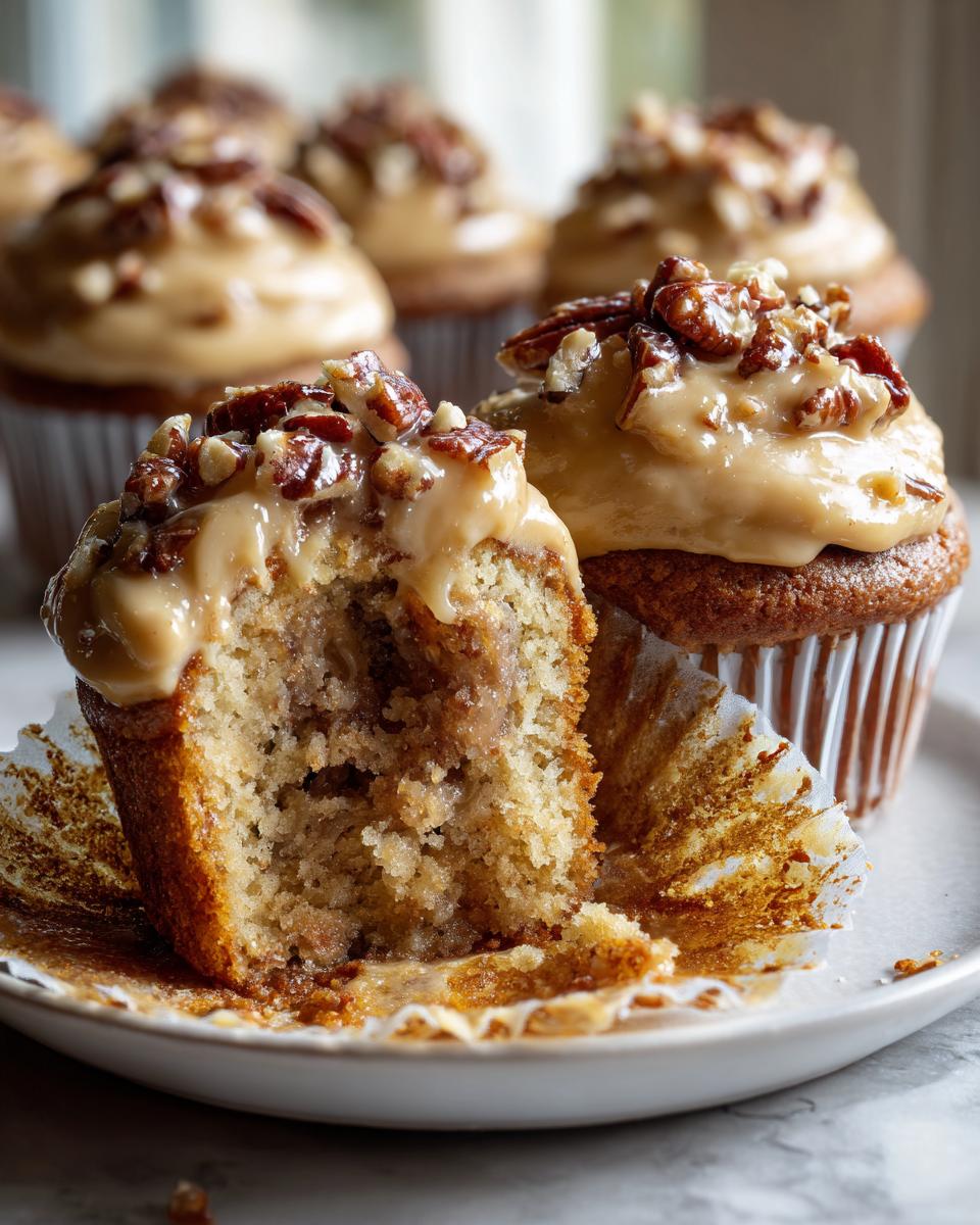 Close-up of pecan pie cupcakes, one cut in half showing the moist interior and caramel pecan topping.