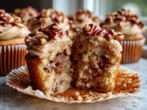 A pecan pie cupcake cut in half showing the filling, topped with caramel frosting and chopped pecans.
