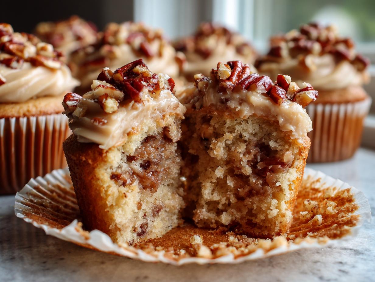 A pecan pie cupcake cut in half showing the filling, topped with caramel frosting and chopped pecans.