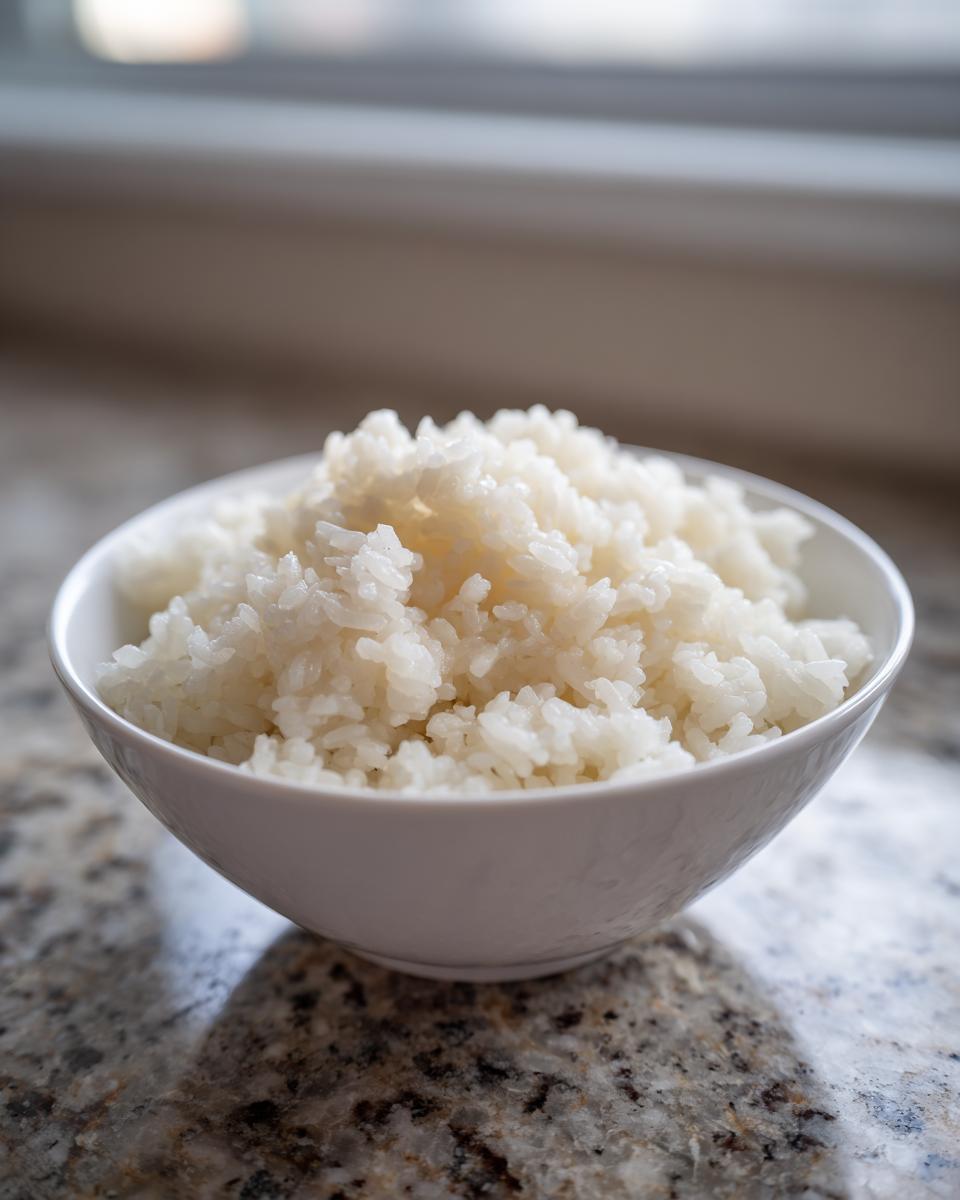 A white bowl filled with perfectly cooked, slightly glossy sushi rice resting on a granite countertop.