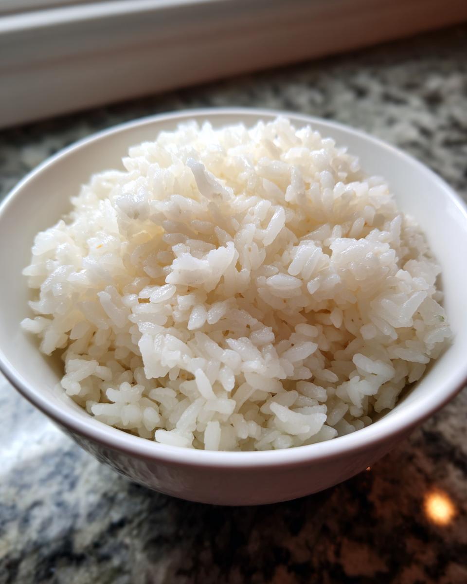 Close-up of fluffy, perfectly cooked sushi rice filling a small white bowl.