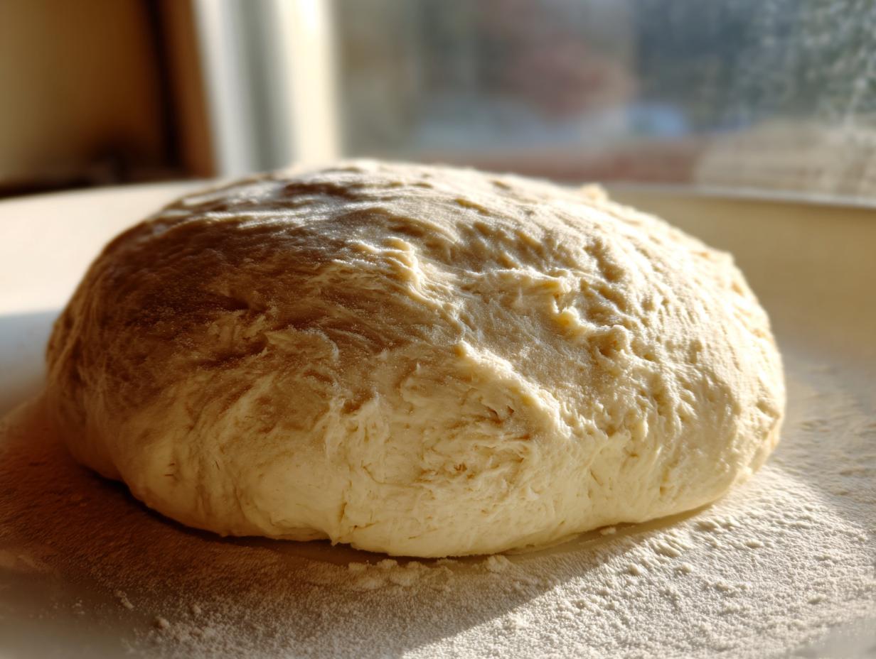 A freshly kneaded ball of pizza dough resting on a lightly floured surface, ready for the amazing pizza dough recipe.