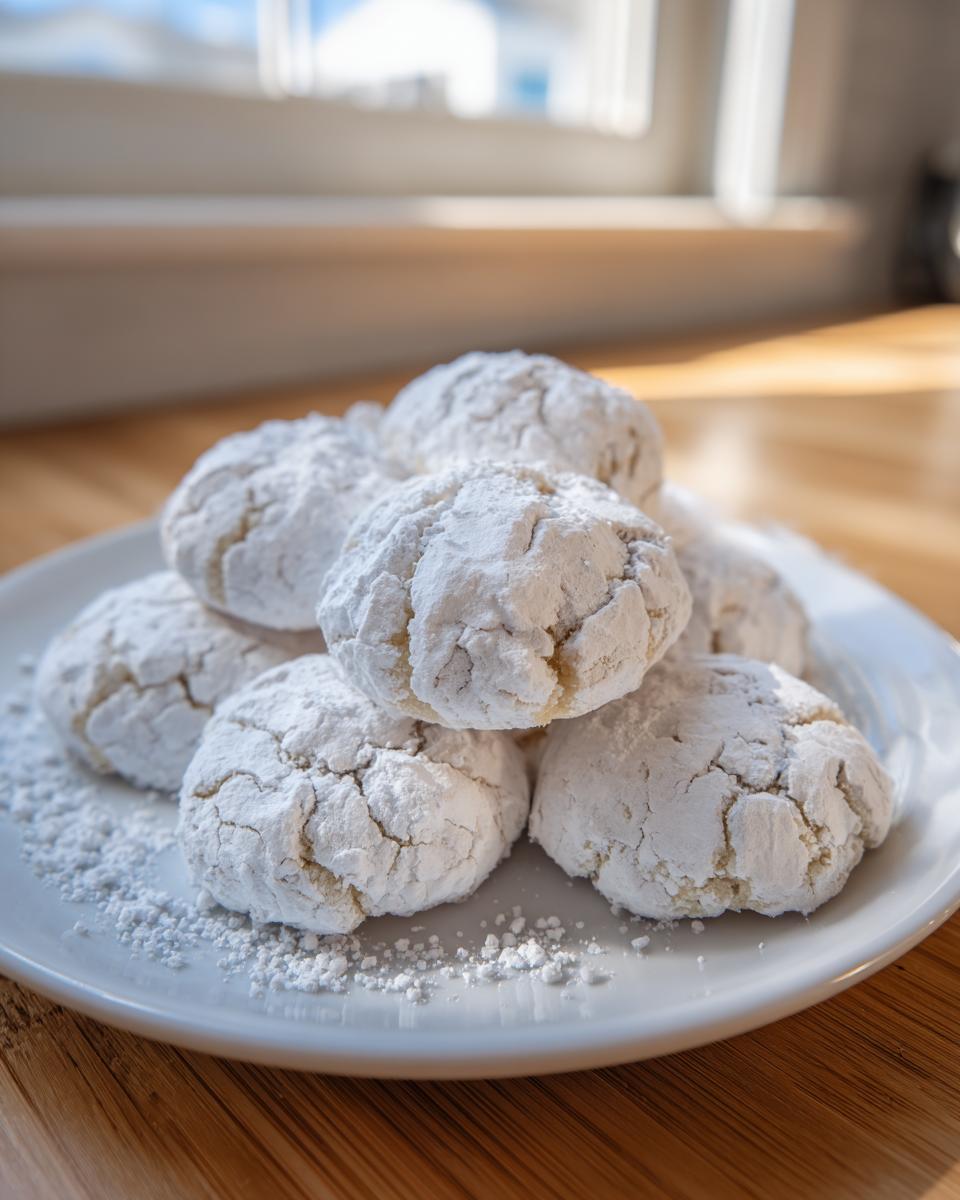 A stack of freshly baked, crinkle-top cool whip cookies heavily dusted with powdered sugar on a white plate.