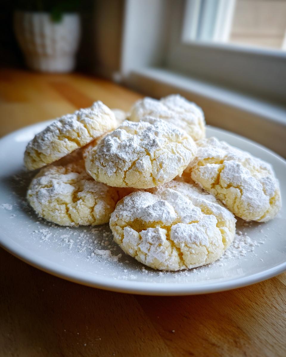 A pile of soft, crinkle-top cool whip cookies heavily dusted with powdered sugar on a white plate.