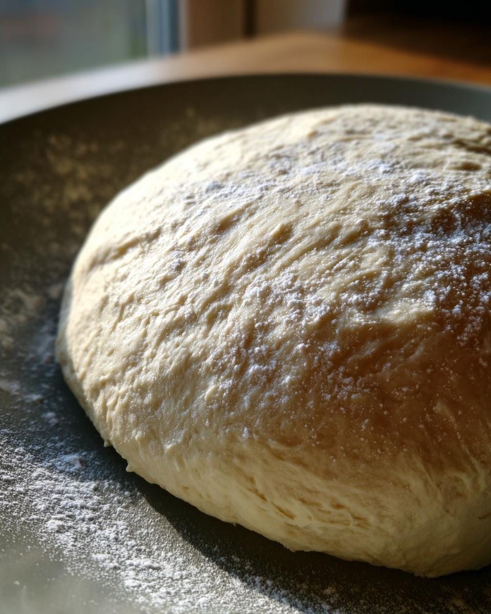 Close-up of a perfectly proofed ball of pizza dough recipe resting on a dark surface dusted with flour.