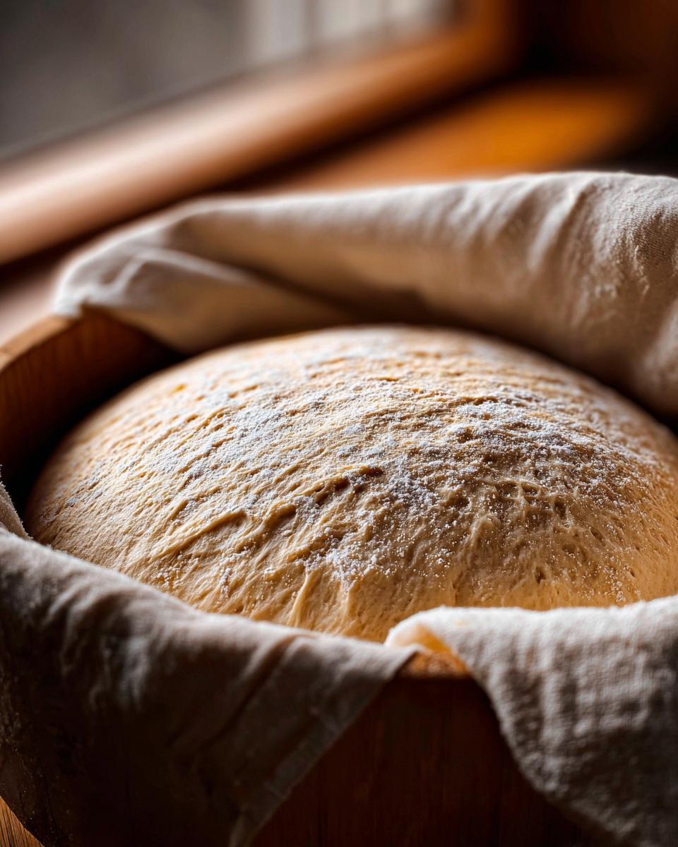 Close-up of risen pizza dough recipe resting in a wooden bowl covered with a cloth.