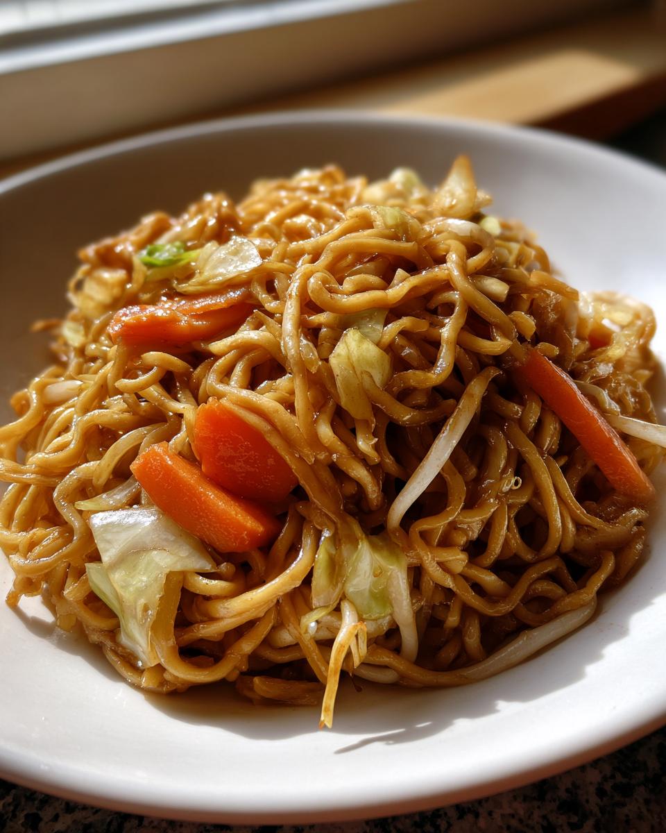 Close-up of a white bowl filled with savory, saucy fried noodles mixed with carrots and cabbage.